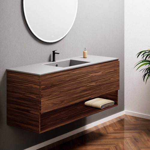 Aurora Single Set – Corian Basin & Countertop with 1 Drawer Vanity & Bottom Shelf - ROVALUX