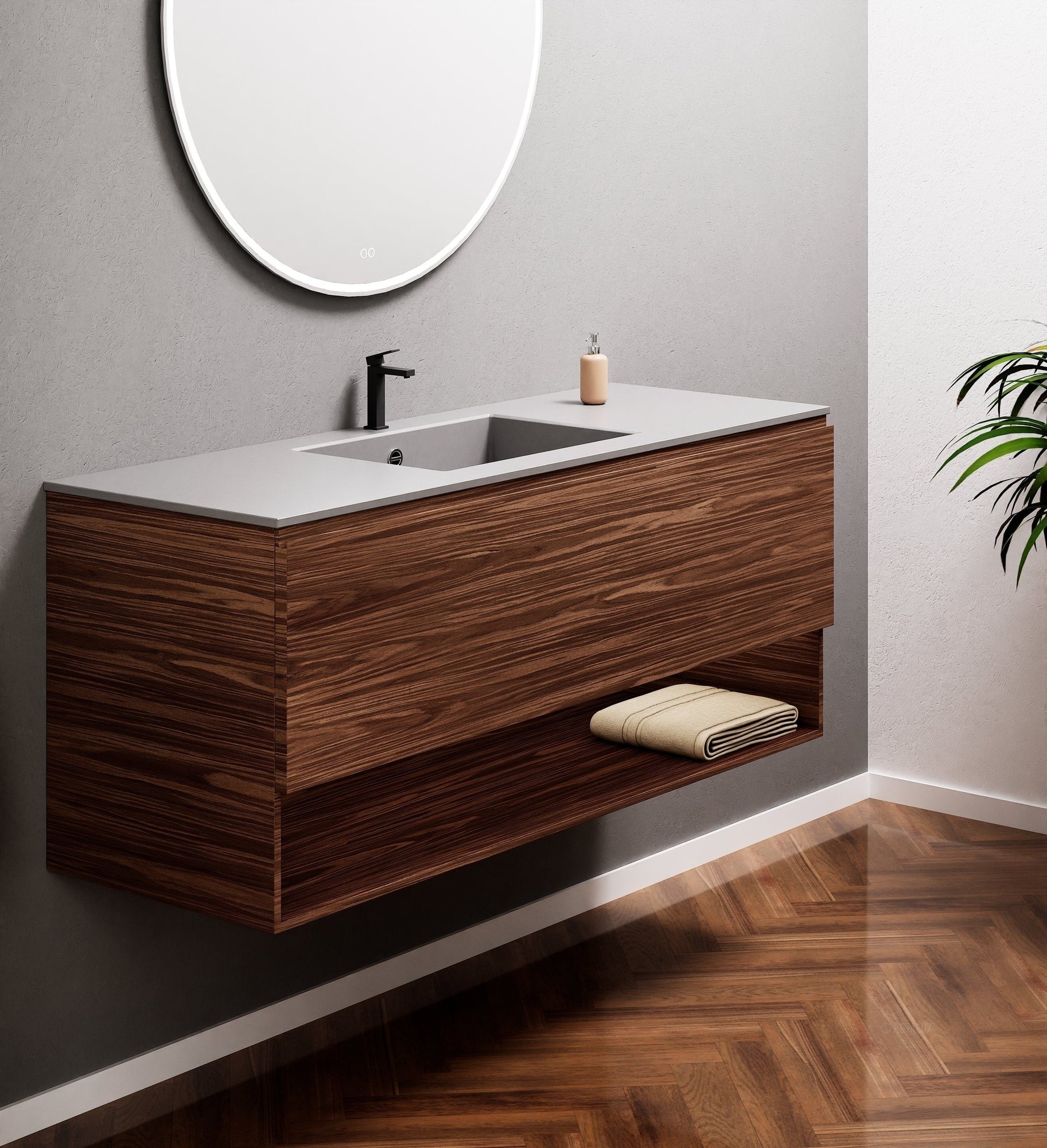 Aurora Single Set – Corian Basin & Countertop with 1 Drawer Vanity & Bottom Shelf - ROVALUX