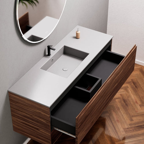 Aurora Single Set – Corian Basin & Countertop with 1 Drawer Vanity & Bottom Shelf - ROVALUX