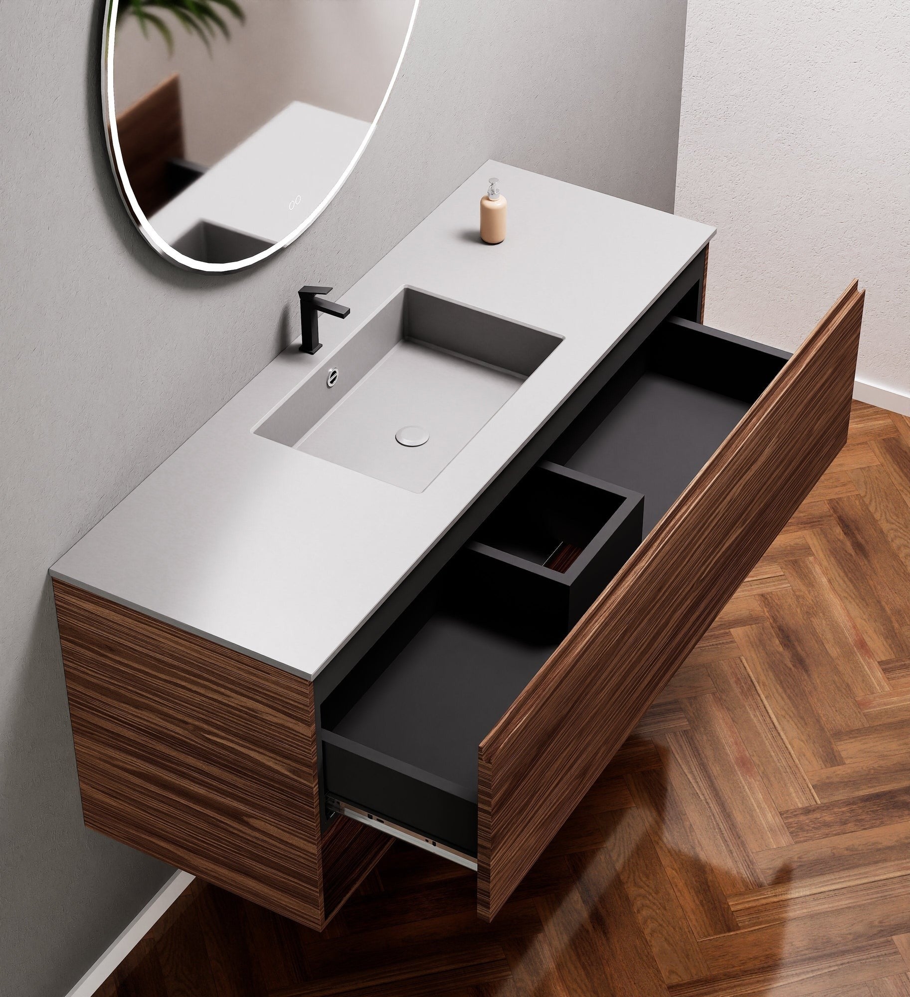 Aurora Single Set – Corian Basin & Countertop with 1 Drawer Vanity & Bottom Shelf - ROVALUX