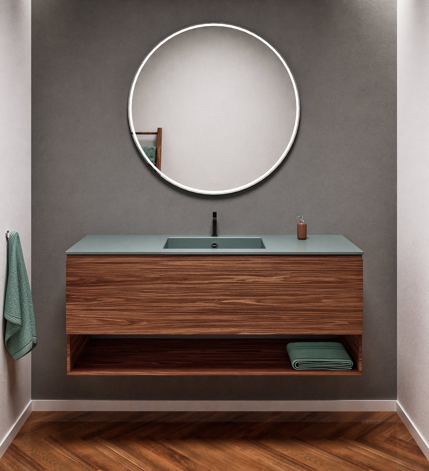 Aurora Single Set – Corian Basin & Countertop with 1 Drawer Vanity & Bottom Shelf - ROVALUX