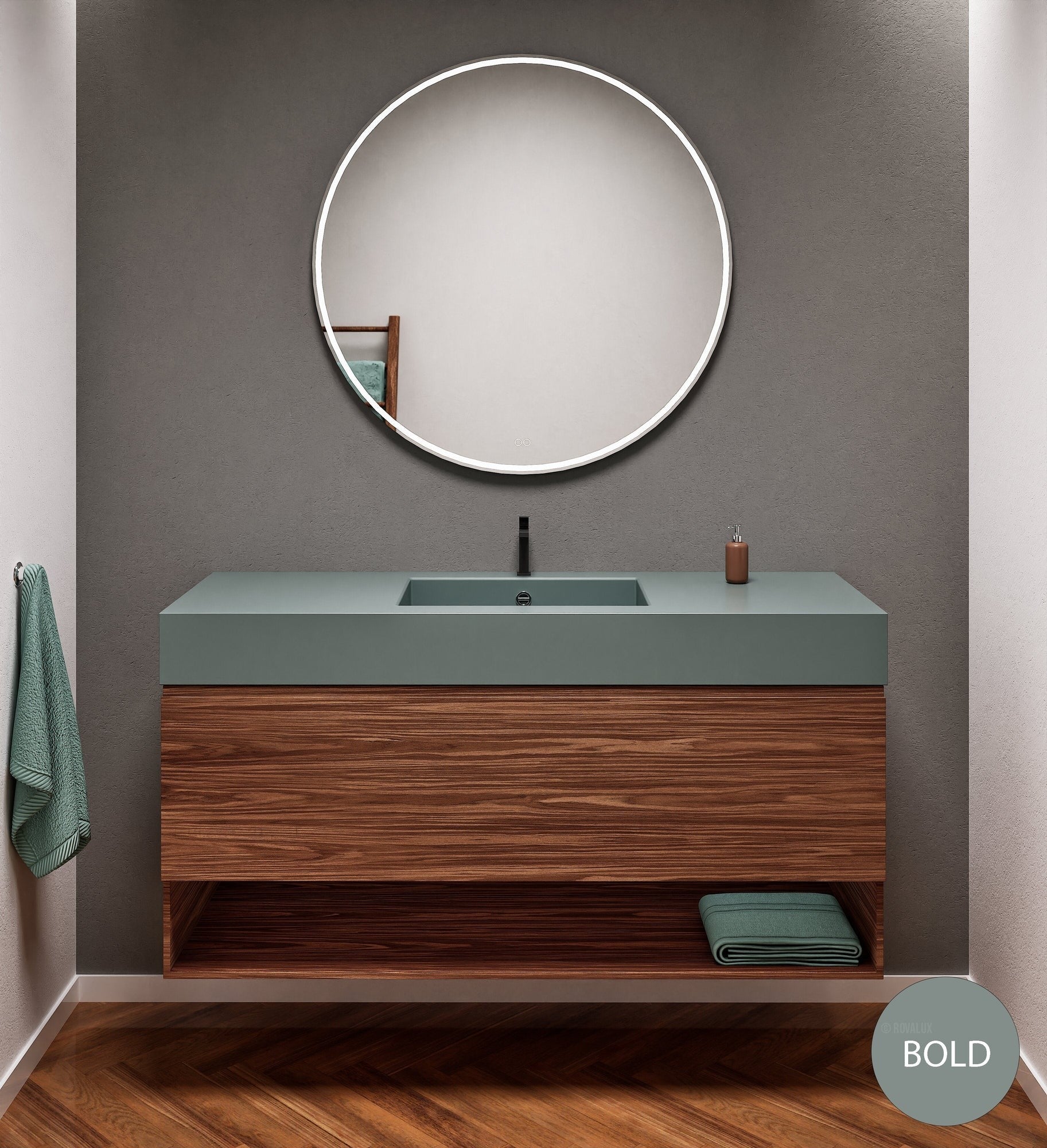 Aurora Single Set – Corian Basin & Countertop with 1 Drawer Vanity & Bottom Shelf - ROVALUX
