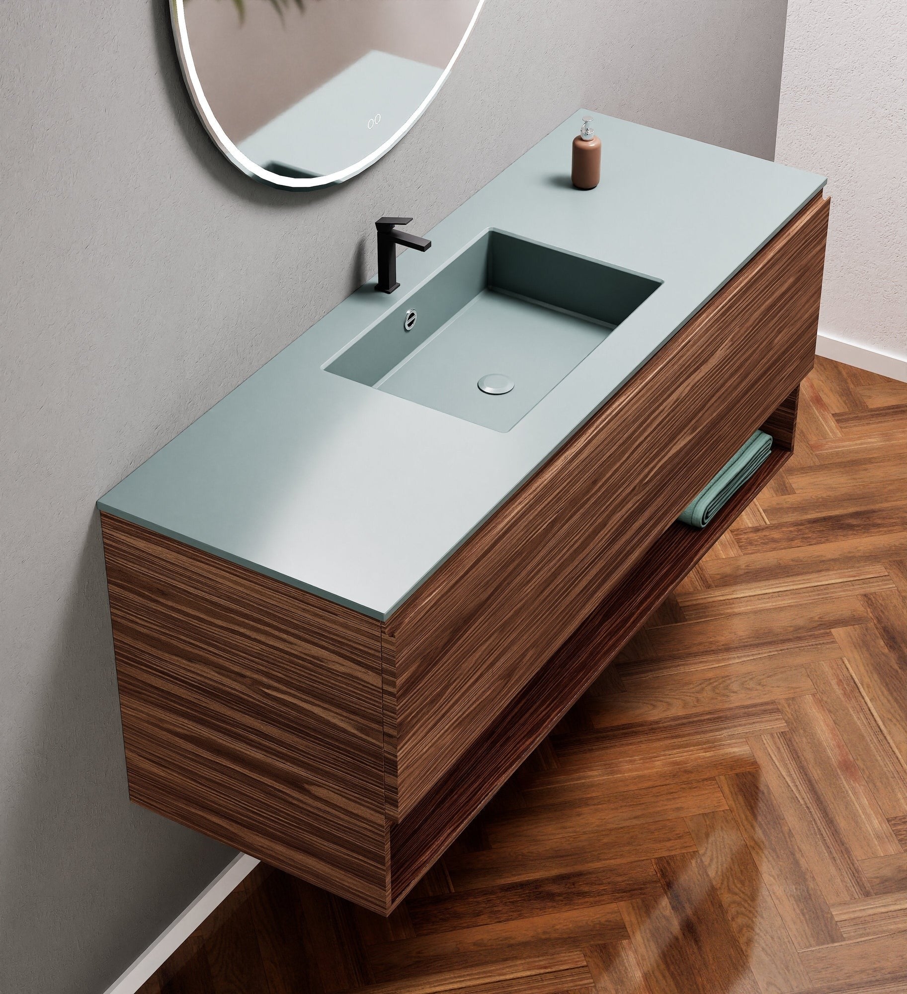 Aurora Single Set – Corian Basin & Countertop with 1 Drawer Vanity & Bottom Shelf - ROVALUX