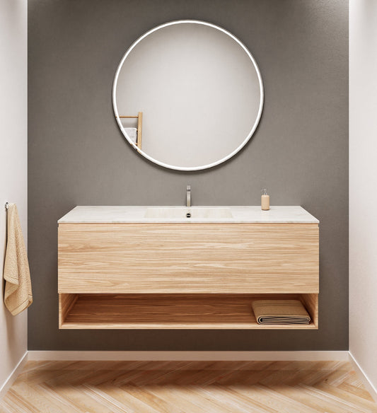 Aurora Single Set – Corian Basin & Countertop with 1 Drawer Vanity & Bottom Shelf - ROVALUX