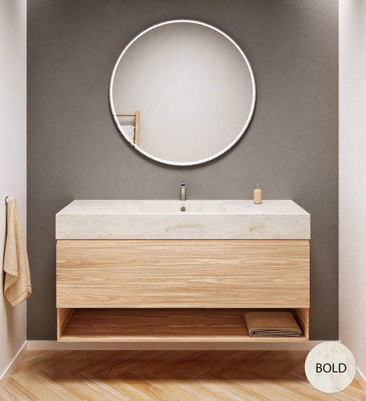 Aurora Single Set – Corian Basin & Countertop with 1 Drawer Vanity & Bottom Shelf - ROVALUX