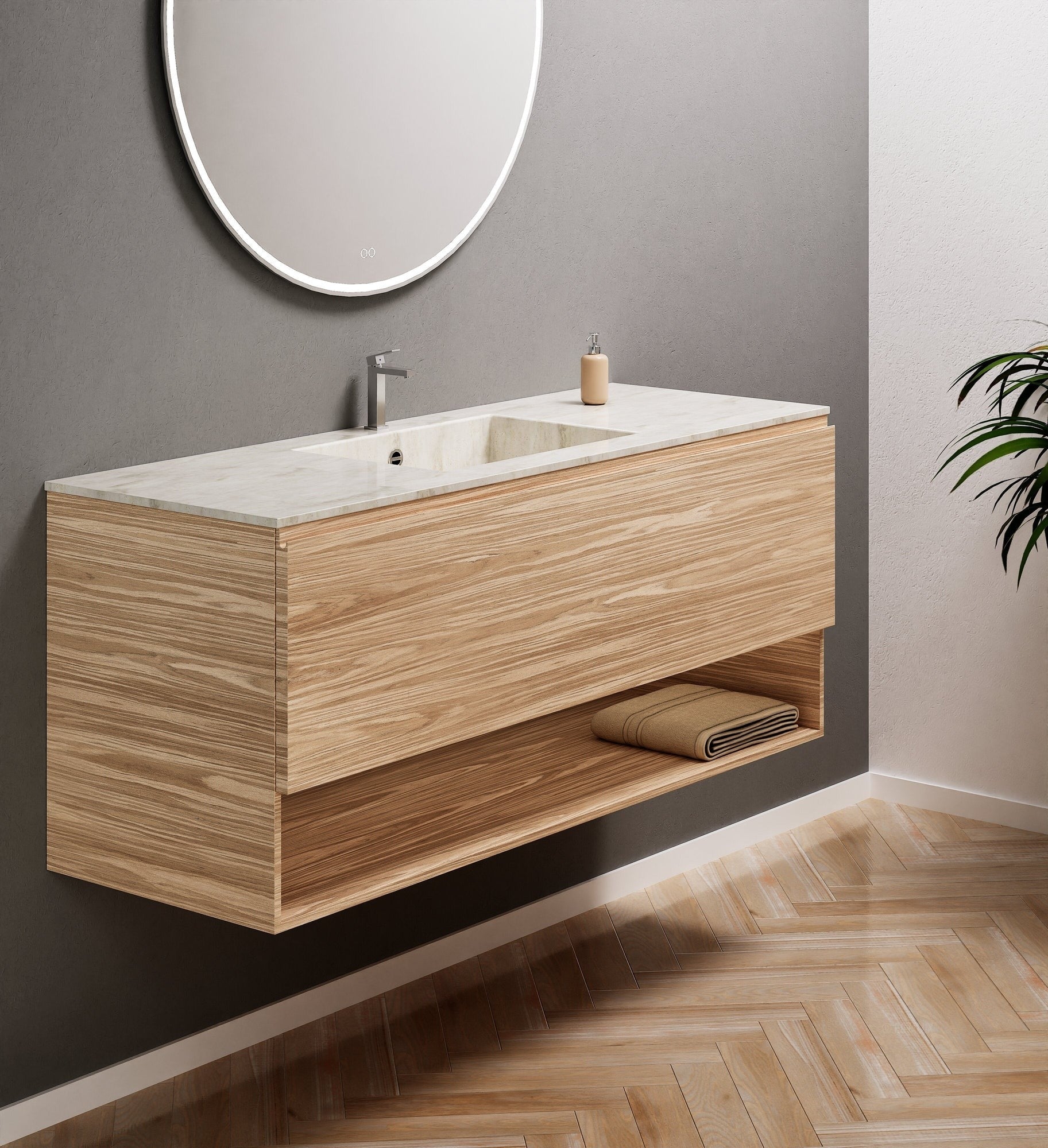 Aurora Single Set – Corian Basin & Countertop with 1 Drawer Vanity & Bottom Shelf - ROVALUX