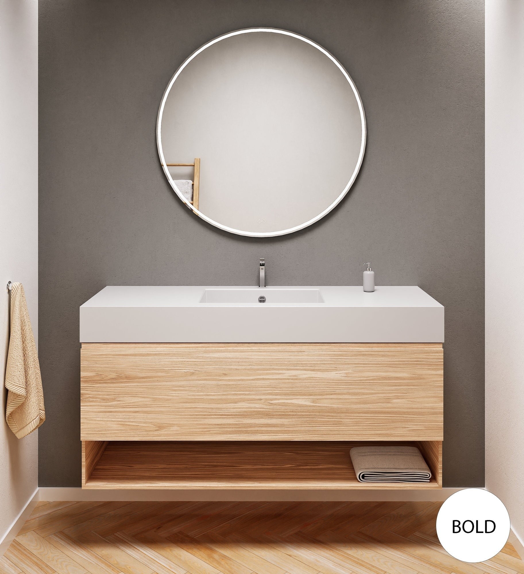 Aurora Single Set – Corian Basin & Countertop with 1 Drawer Vanity & Bottom Shelf - ROVALUX