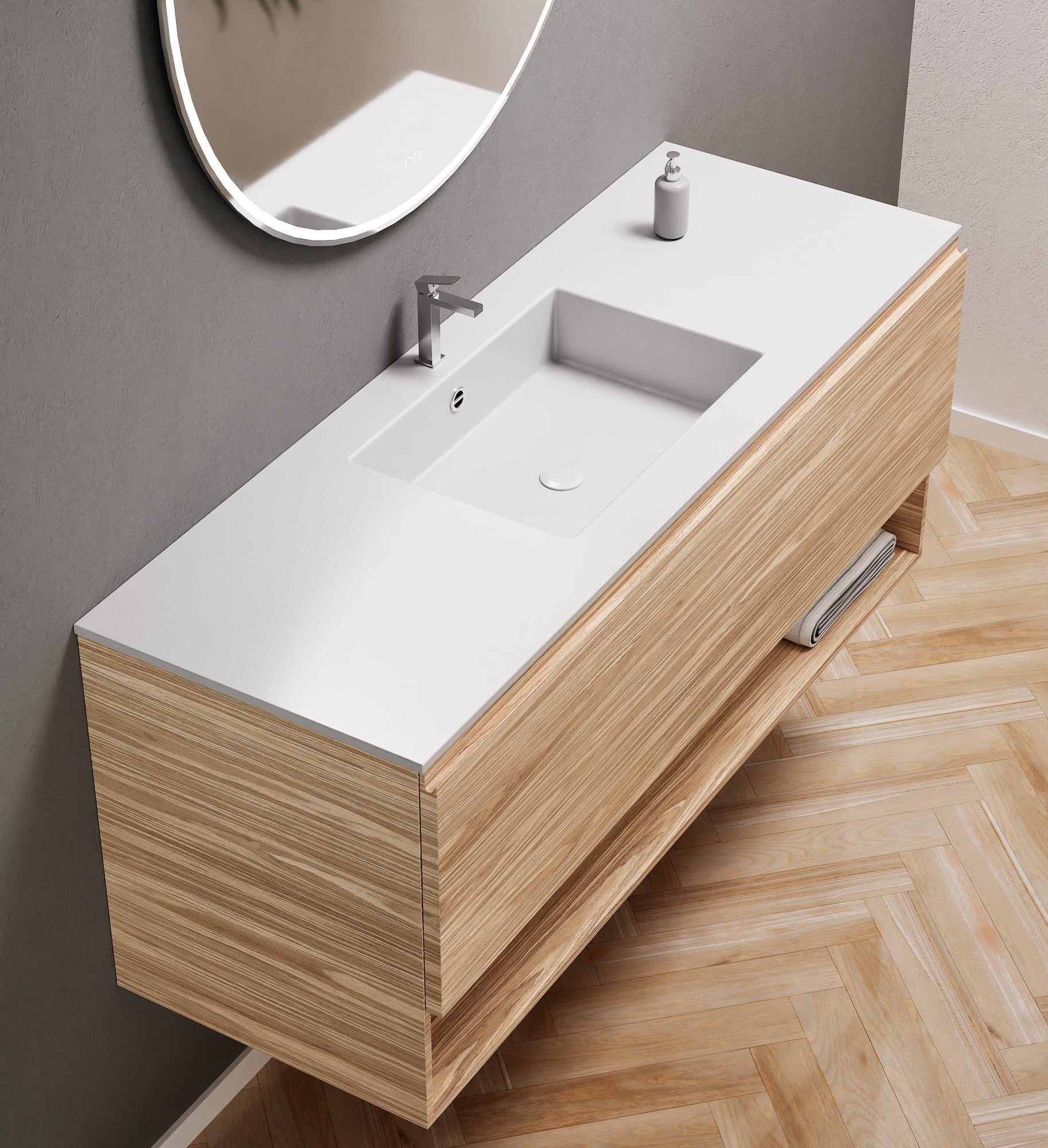Aurora Single Set – Corian Basin & Countertop with 1 Drawer Vanity & Bottom Shelf - ROVALUX