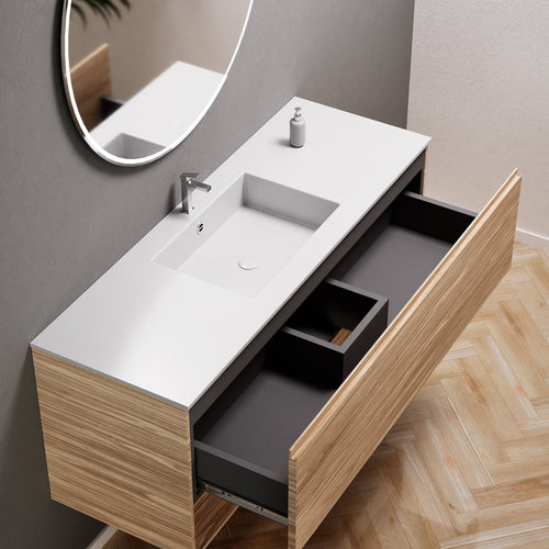Aurora Single Set – Corian Basin & Countertop with 1 Drawer Vanity & Bottom Shelf - ROVALUX