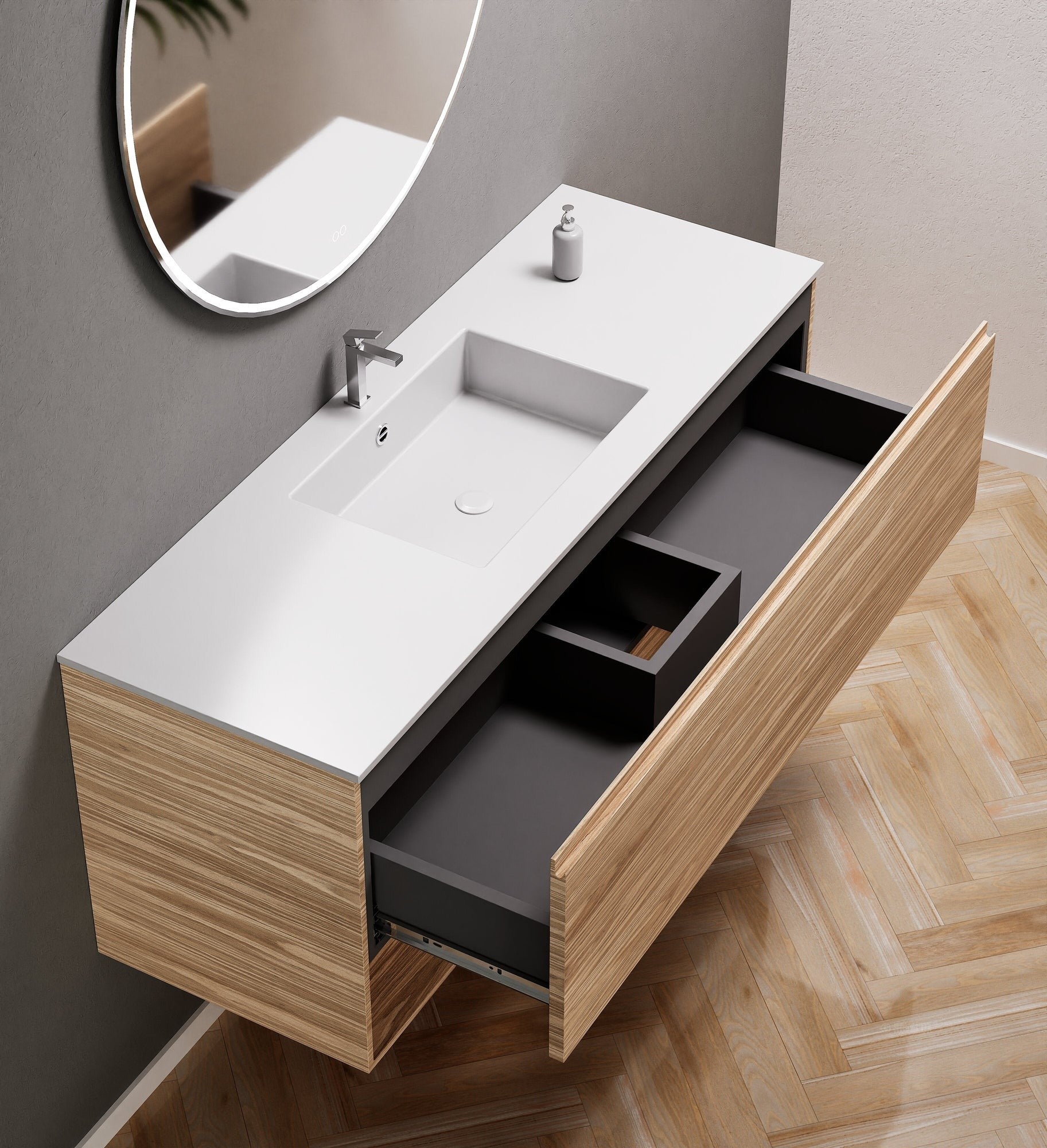 Aurora Single Set – Corian Basin & Countertop with 1 Drawer Vanity & Bottom Shelf - ROVALUX