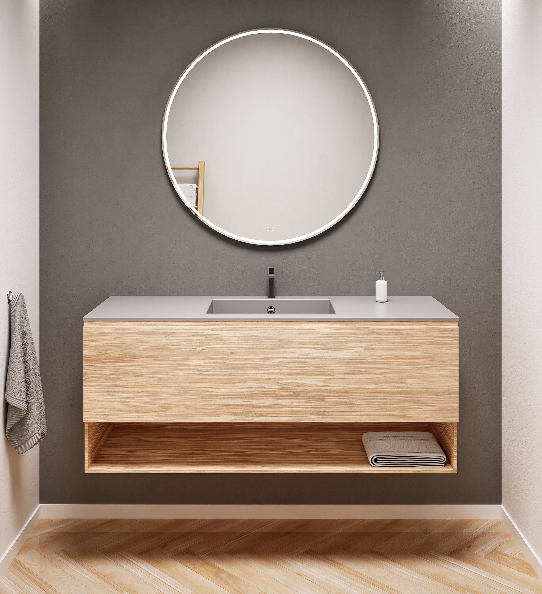 Aurora Single Set – Corian Basin & Countertop with 1 Drawer Vanity & Bottom Shelf - ROVALUX