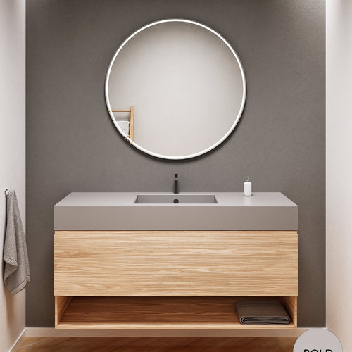 Aurora Single Set – Corian Basin & Countertop with 1 Drawer Vanity & Bottom Shelf - ROVALUX