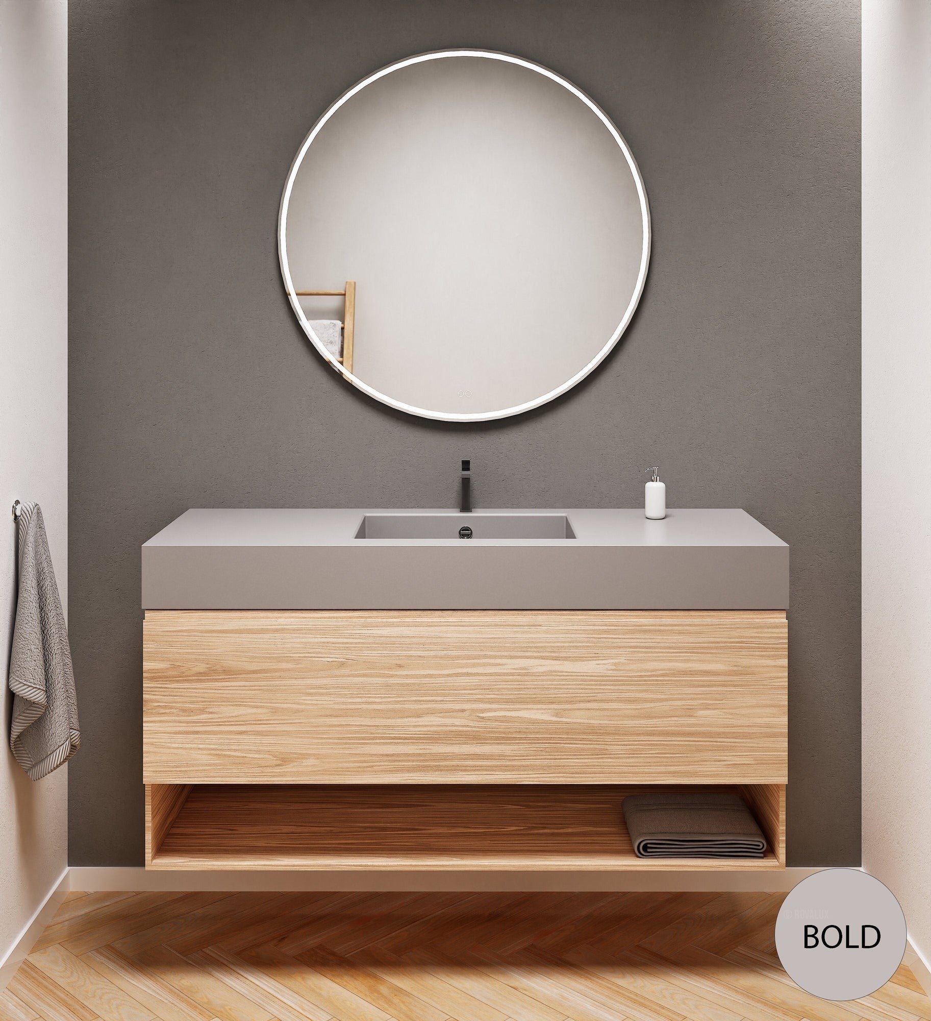 Aurora Single Set – Corian Basin & Countertop with 1 Drawer Vanity & Bottom Shelf - ROVALUX