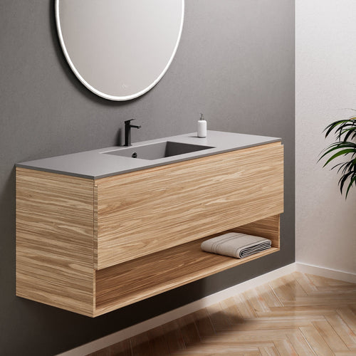 Aurora Single Set – Corian Basin & Countertop with 1 Drawer Vanity & Bottom Shelf - ROVALUX