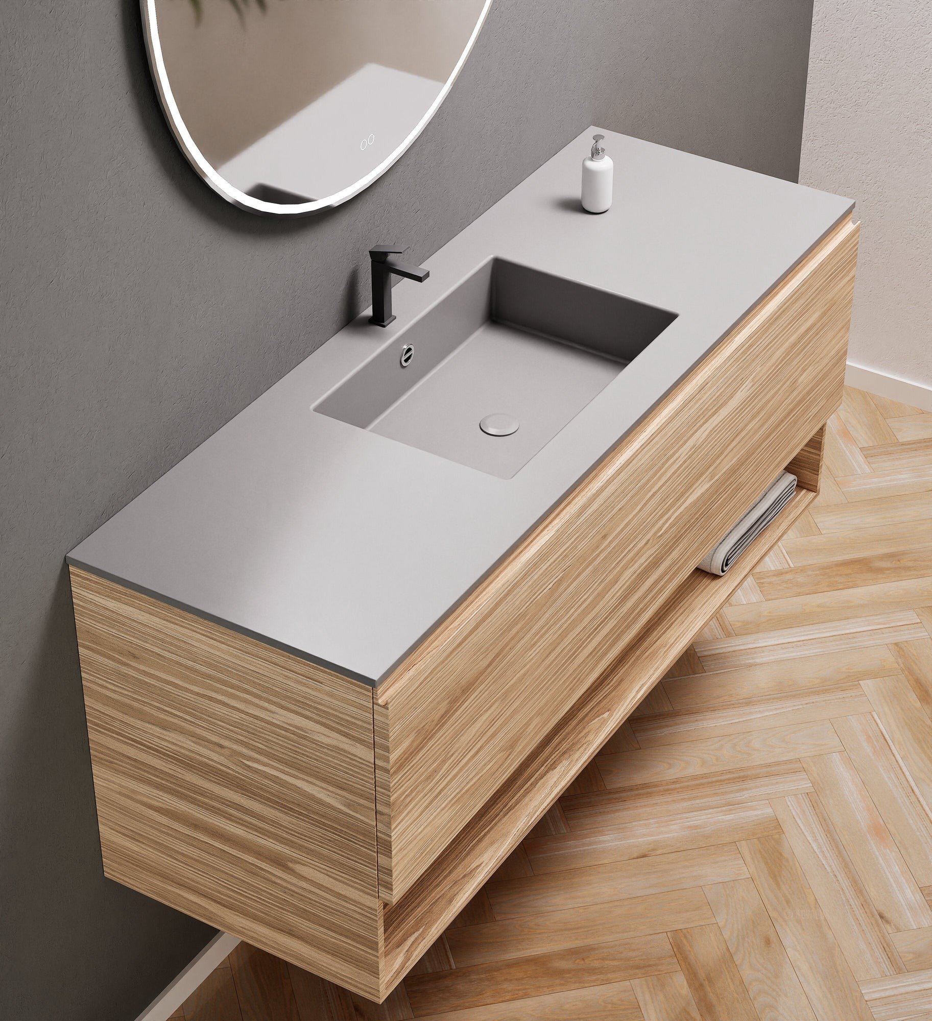 Aurora Single Set – Corian Basin & Countertop with 1 Drawer Vanity & Bottom Shelf - ROVALUX