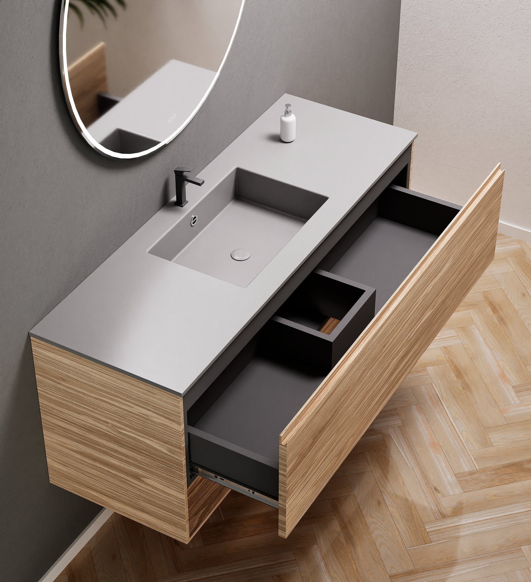 Aurora Single Set – Corian Basin & Countertop with 1 Drawer Vanity & Bottom Shelf - ROVALUX