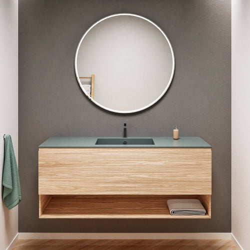 Aurora Single Set – Corian Basin & Countertop with 1 Drawer Vanity & Bottom Shelf - ROVALUX