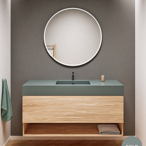 Aurora Single Set – Corian Basin & Countertop with 1 Drawer Vanity & Bottom Shelf - ROVALUX