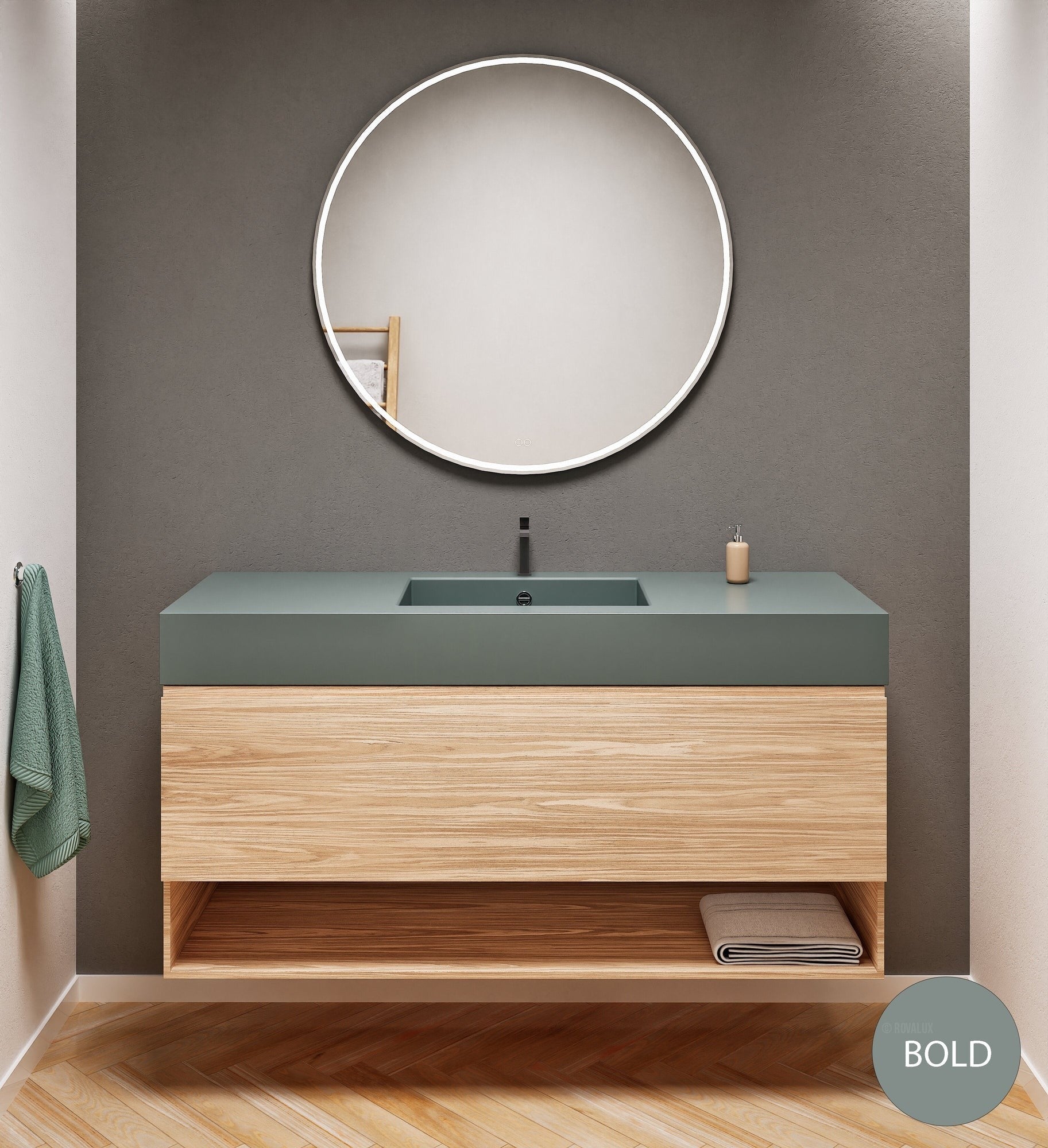 Aurora Single Set – Corian Basin & Countertop with 1 Drawer Vanity & Bottom Shelf - ROVALUX