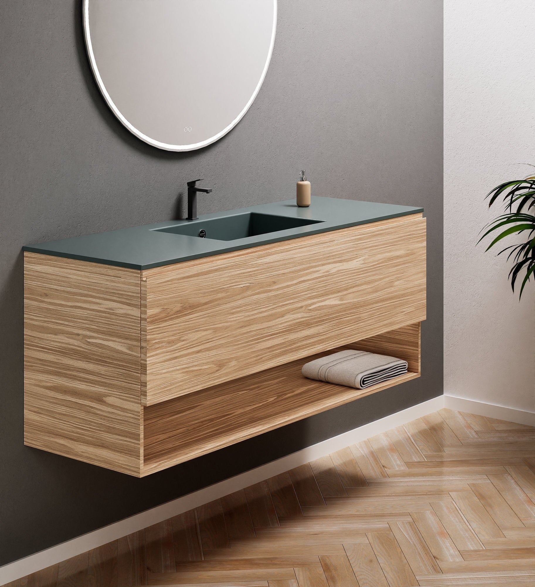 Aurora Single Set – Corian Basin & Countertop with 1 Drawer Vanity & Bottom Shelf - ROVALUX