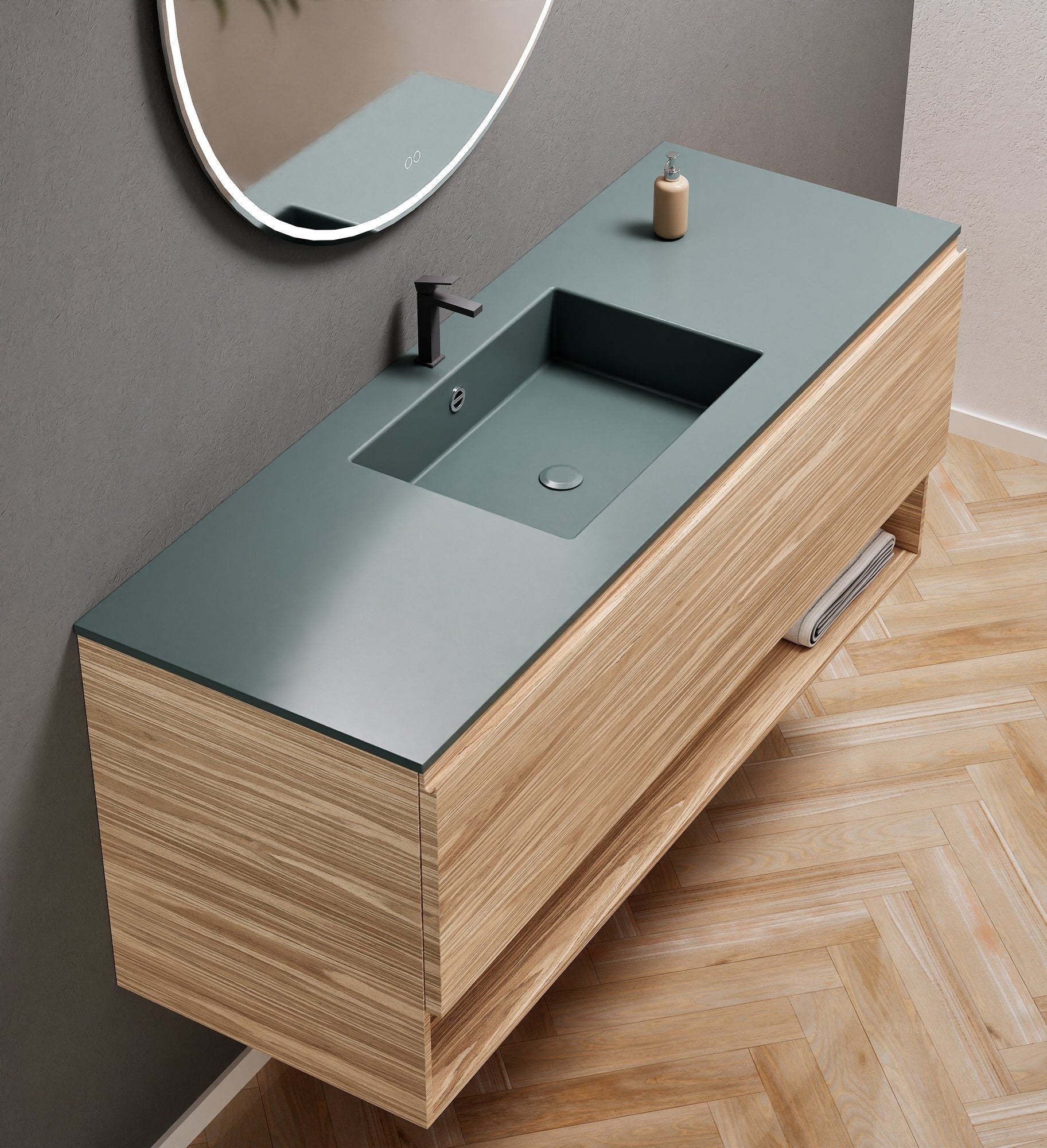 Aurora Single Set – Corian Basin & Countertop with 1 Drawer Vanity & Bottom Shelf - ROVALUX