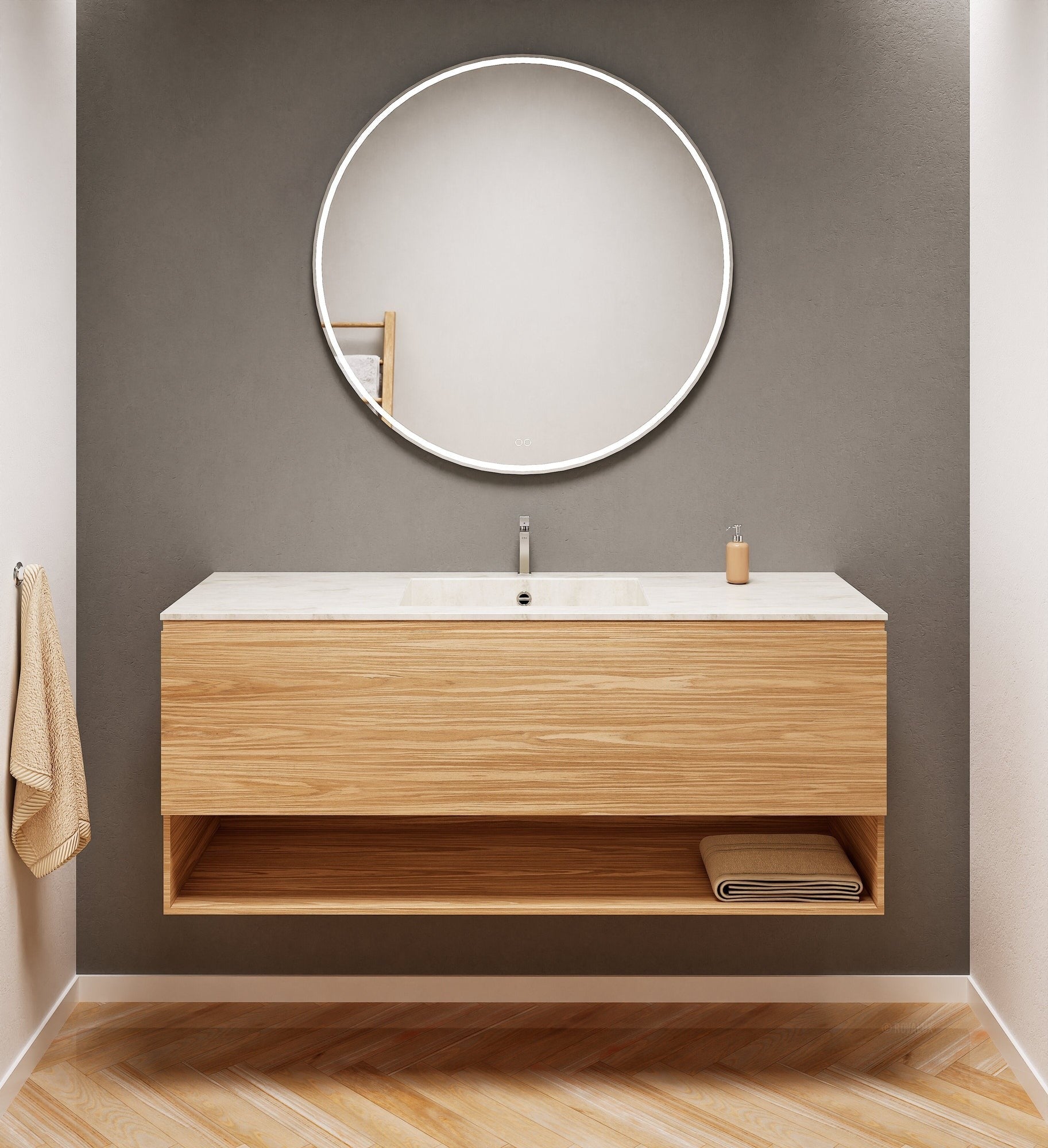 Aurora Single Set – Corian Basin & Countertop with 1 Drawer Vanity & Bottom Shelf - ROVALUX