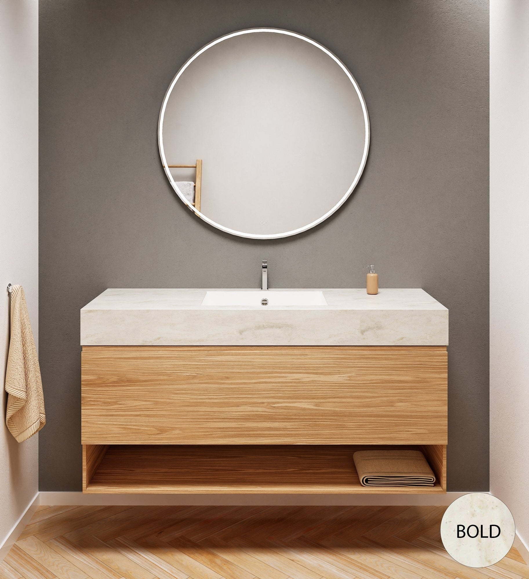 Aurora Single Set – Corian Basin & Countertop with 1 Drawer Vanity & Bottom Shelf - ROVALUX