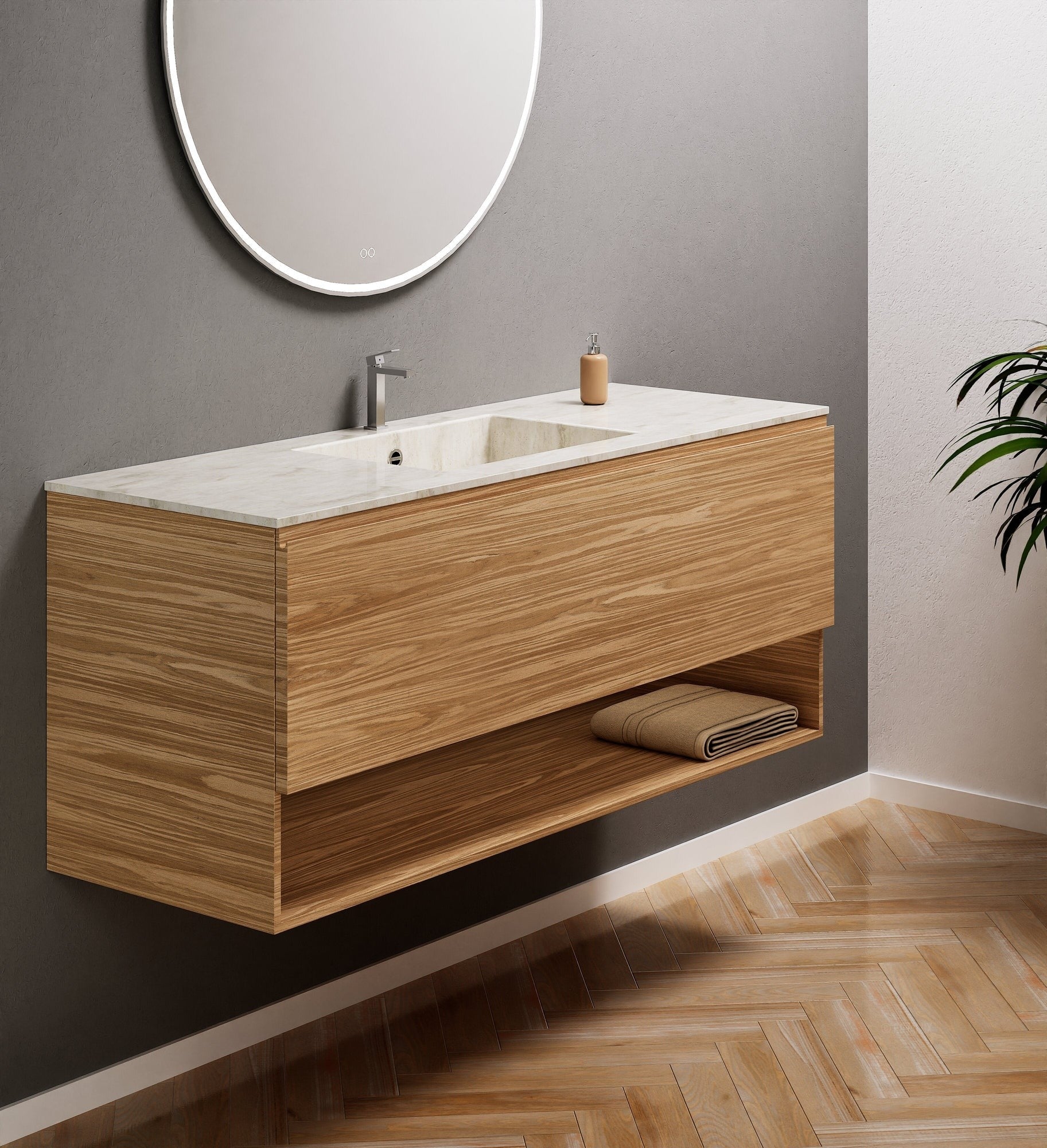 Aurora Single Set – Corian Basin & Countertop with 1 Drawer Vanity & Bottom Shelf - ROVALUX