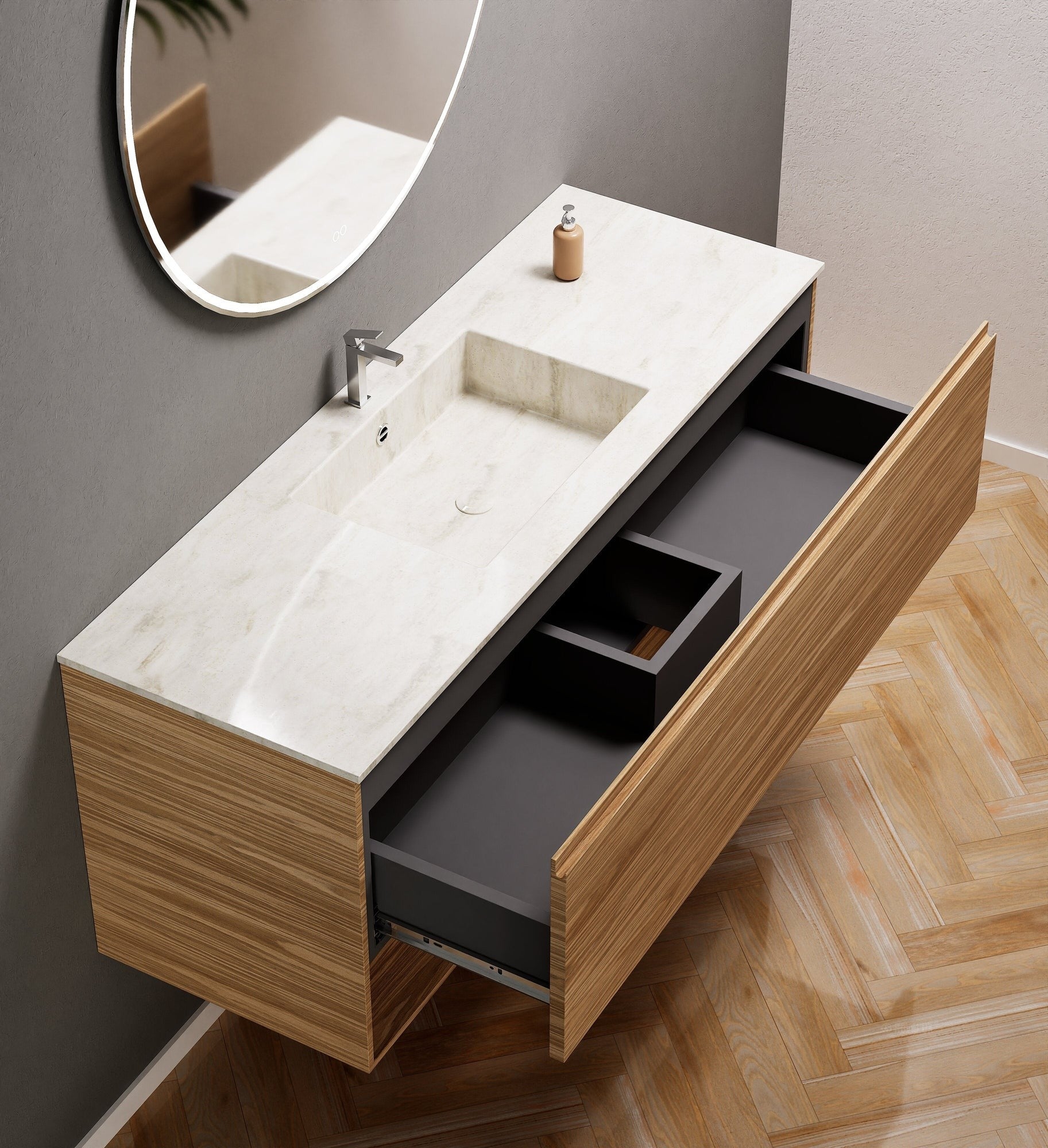 Aurora Single Set – Corian Basin & Countertop with 1 Drawer Vanity & Bottom Shelf - ROVALUX