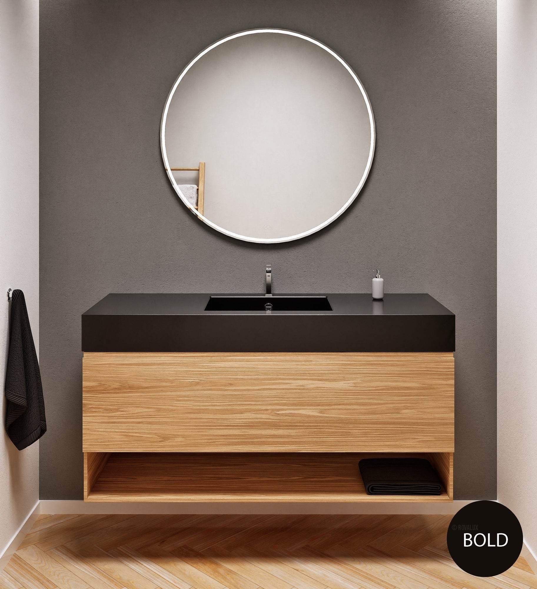 Aurora Single Set – Corian Basin & Countertop with 1 Drawer Vanity & Bottom Shelf - ROVALUX