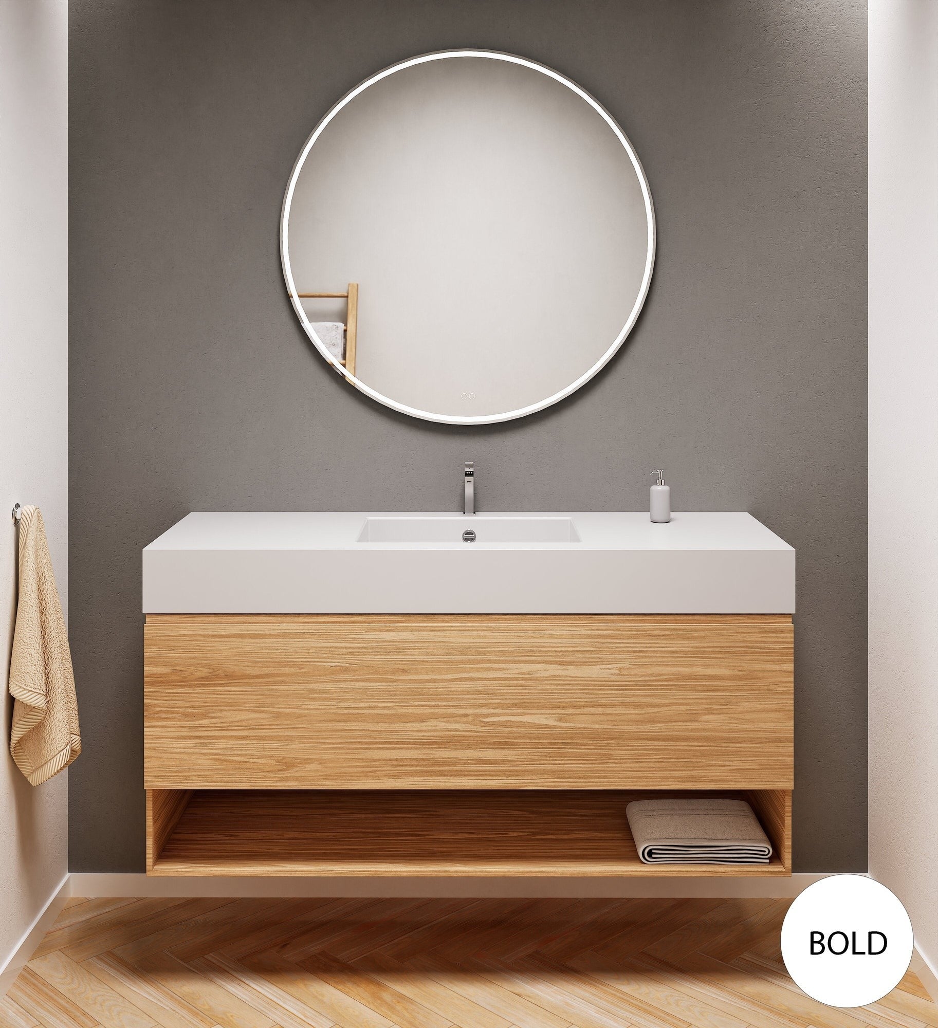 Aurora Single Set – Corian Basin & Countertop with 1 Drawer Vanity & Bottom Shelf - ROVALUX