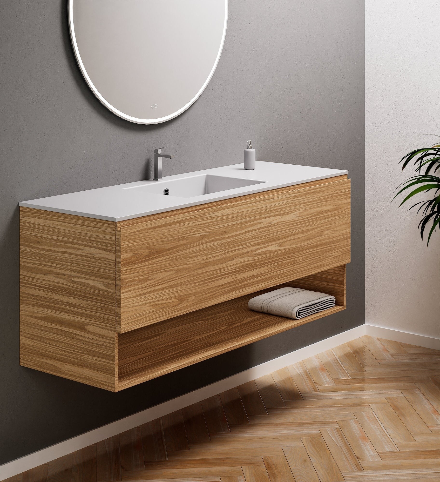 Aurora Single Set – Corian Basin & Countertop with 1 Drawer Vanity & Bottom Shelf - ROVALUX