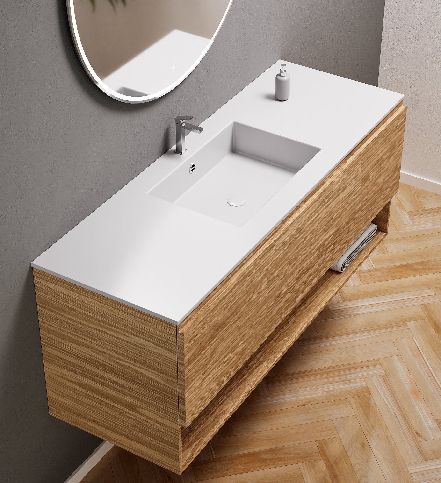 Aurora Single Set – Corian Basin & Countertop with 1 Drawer Vanity & Bottom Shelf - ROVALUX