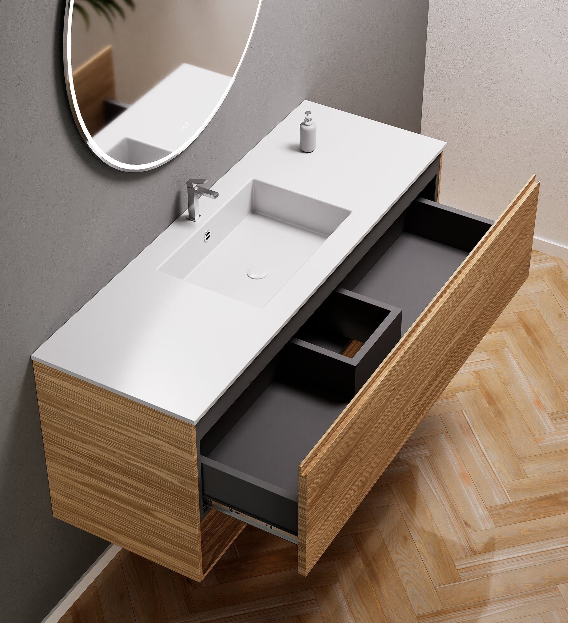 Aurora Single Set – Corian Basin & Countertop with 1 Drawer Vanity & Bottom Shelf - ROVALUX