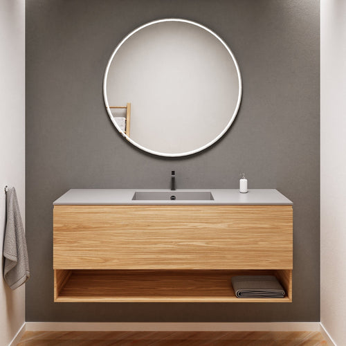 Aurora Single Set – Corian Basin & Countertop with 1 Drawer Vanity & Bottom Shelf - ROVALUX