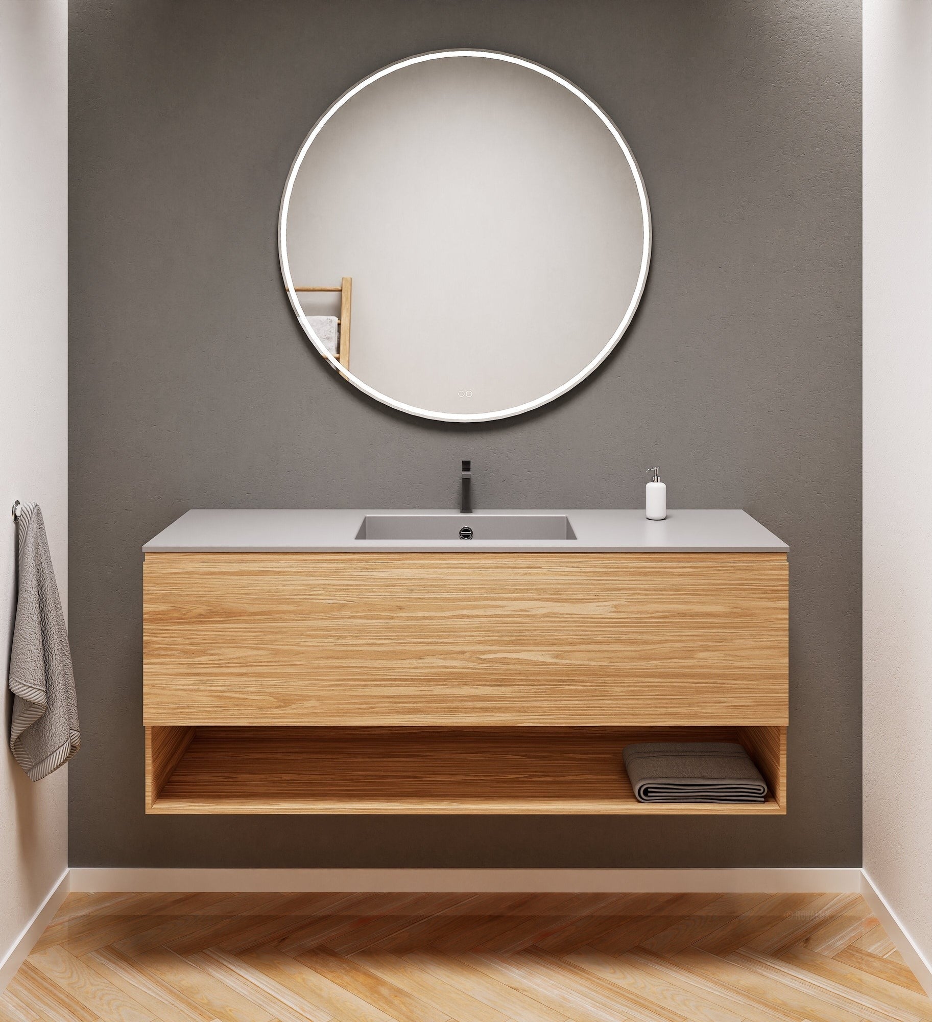 Aurora Single Set – Corian Basin & Countertop with 1 Drawer Vanity & Bottom Shelf - ROVALUX