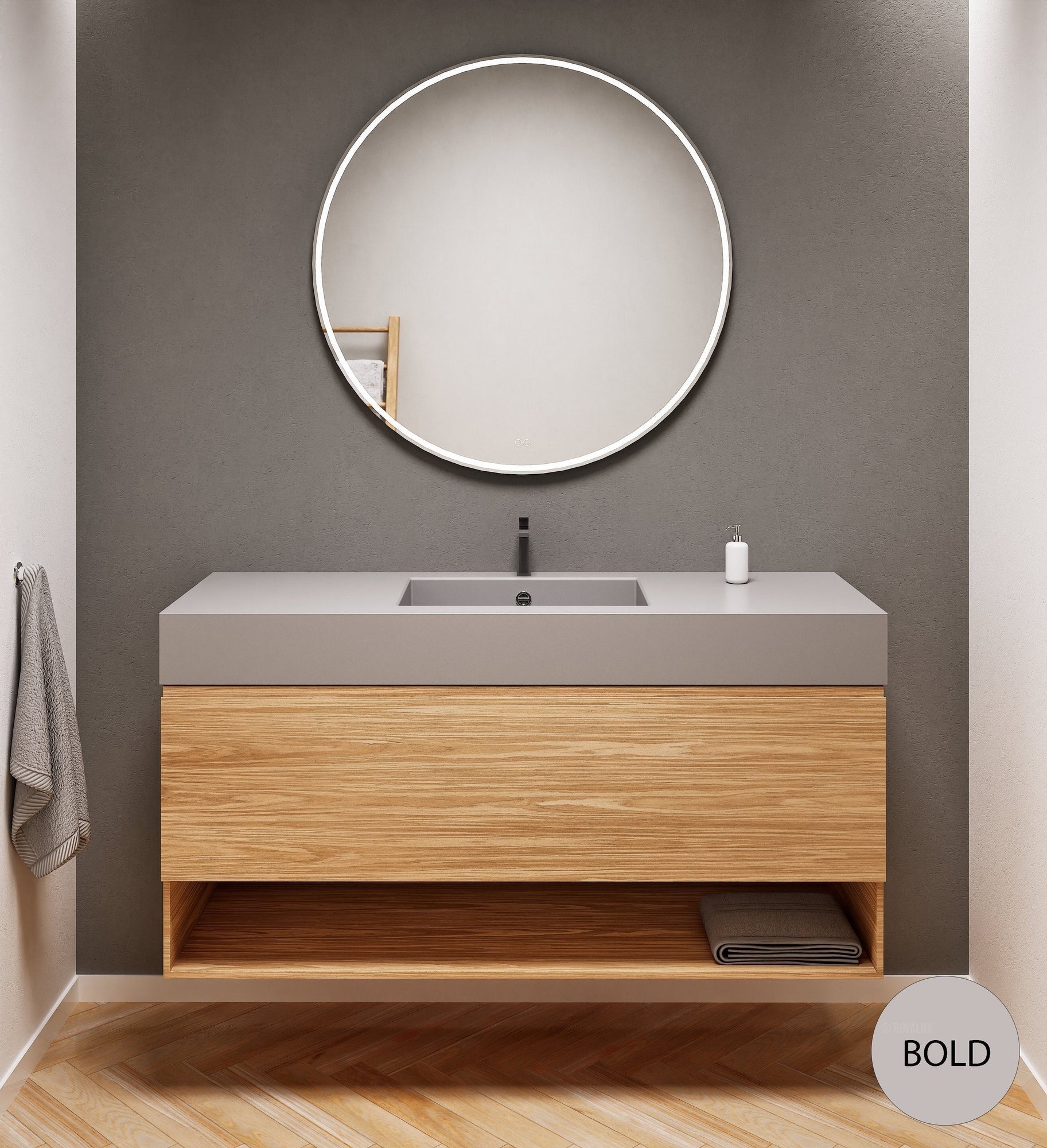 Aurora Single Set – Corian Basin & Countertop with 1 Drawer Vanity & Bottom Shelf - ROVALUX