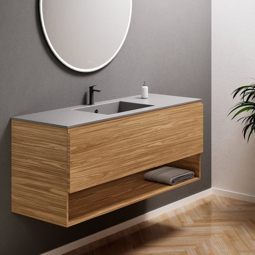 Aurora Single Set – Corian Basin & Countertop with 1 Drawer Vanity & Bottom Shelf - ROVALUX