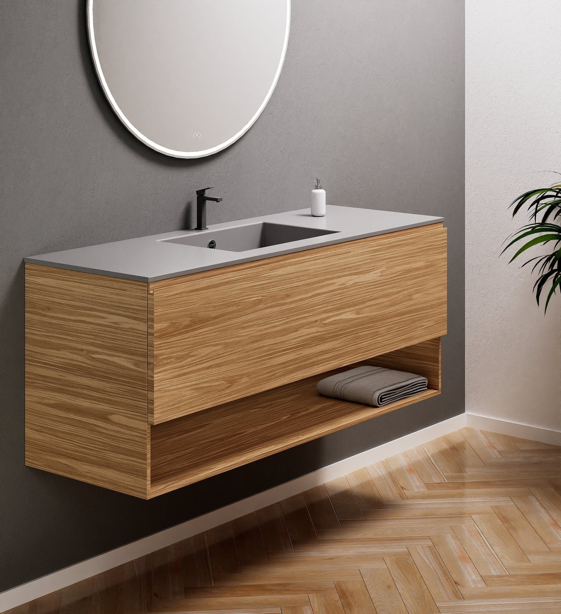 Aurora Single Set – Corian Basin & Countertop with 1 Drawer Vanity & Bottom Shelf - ROVALUX