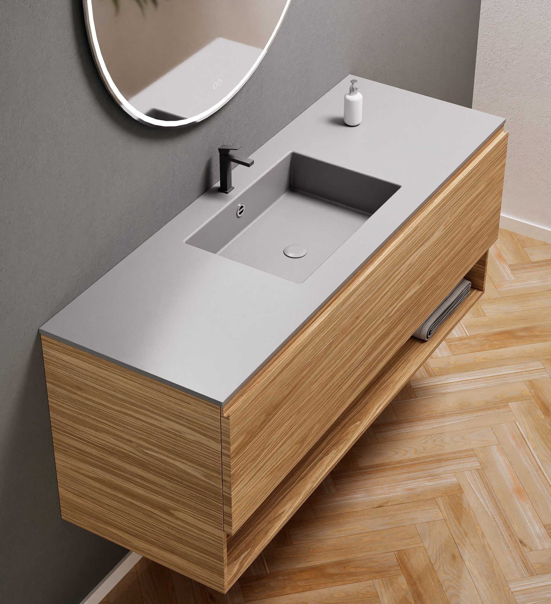 Aurora Single Set – Corian Basin & Countertop with 1 Drawer Vanity & Bottom Shelf - ROVALUX