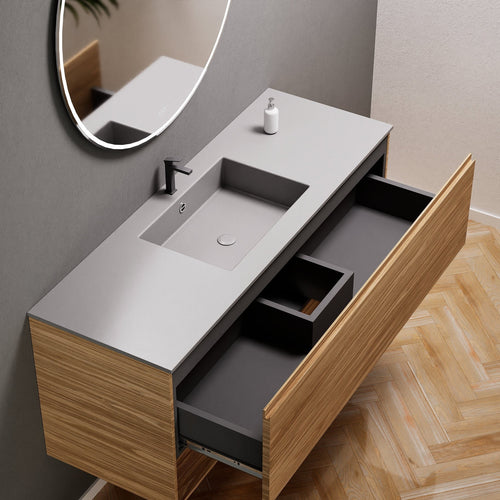 Aurora Single Set – Corian Basin & Countertop with 1 Drawer Vanity & Bottom Shelf - ROVALUX