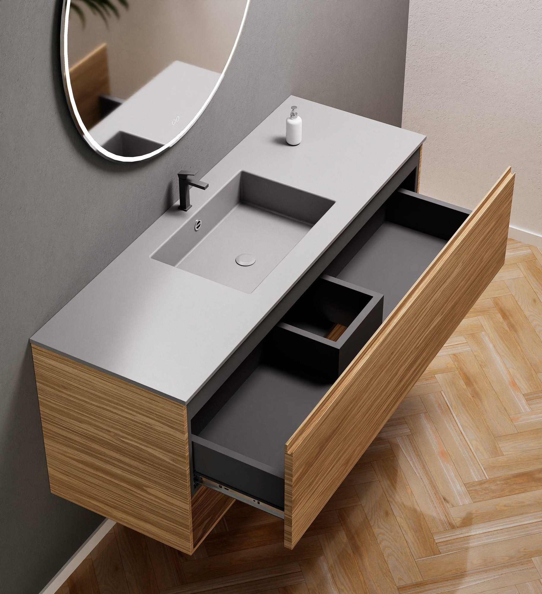 Aurora Single Set – Corian Basin & Countertop with 1 Drawer Vanity & Bottom Shelf - ROVALUX