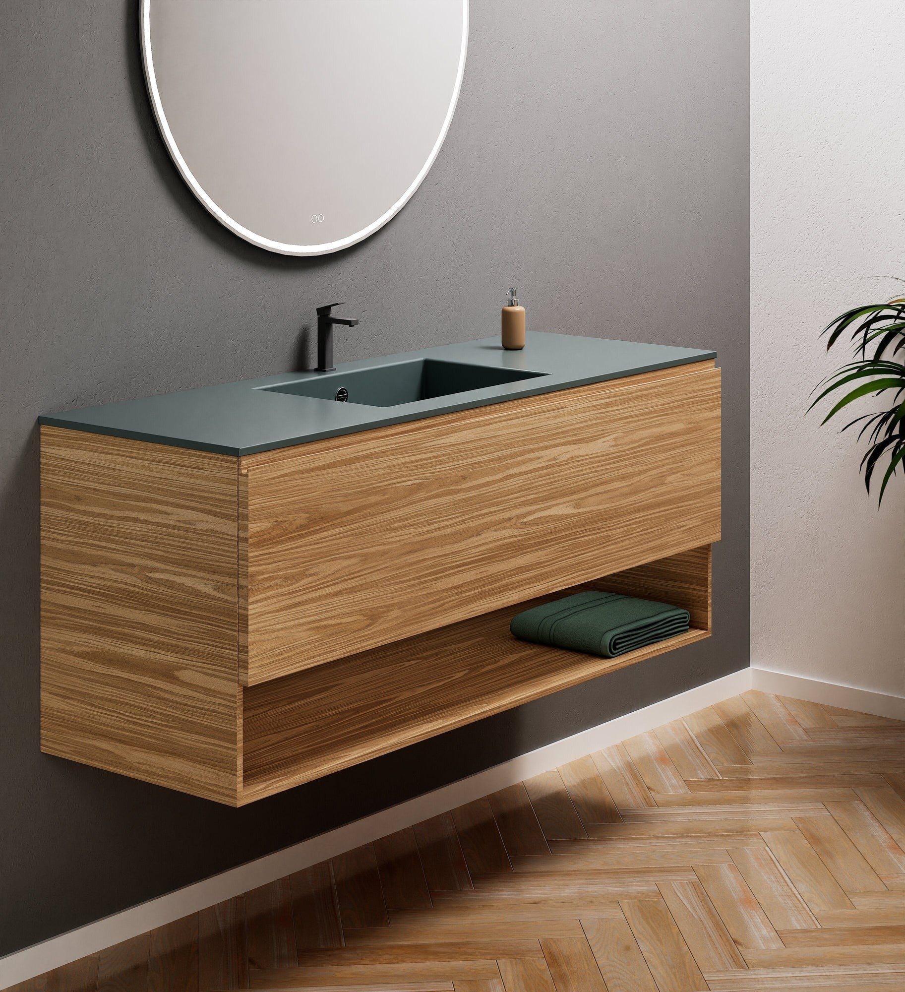 Aurora Single Set – Corian Basin & Countertop with 1 Drawer Vanity & Bottom Shelf - ROVALUX