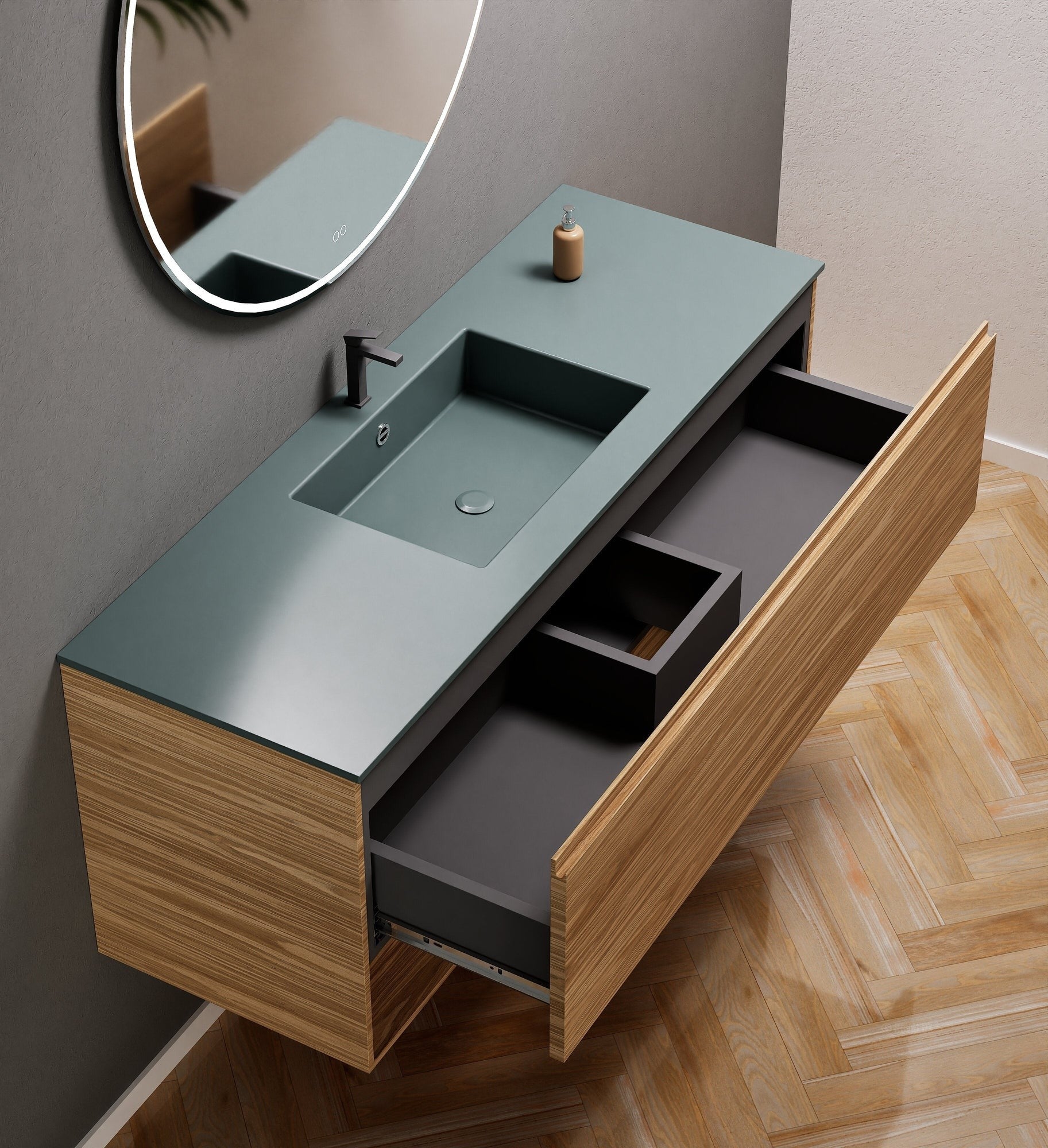 Aurora Single Set – Corian Basin & Countertop with 1 Drawer Vanity & Bottom Shelf - ROVALUX
