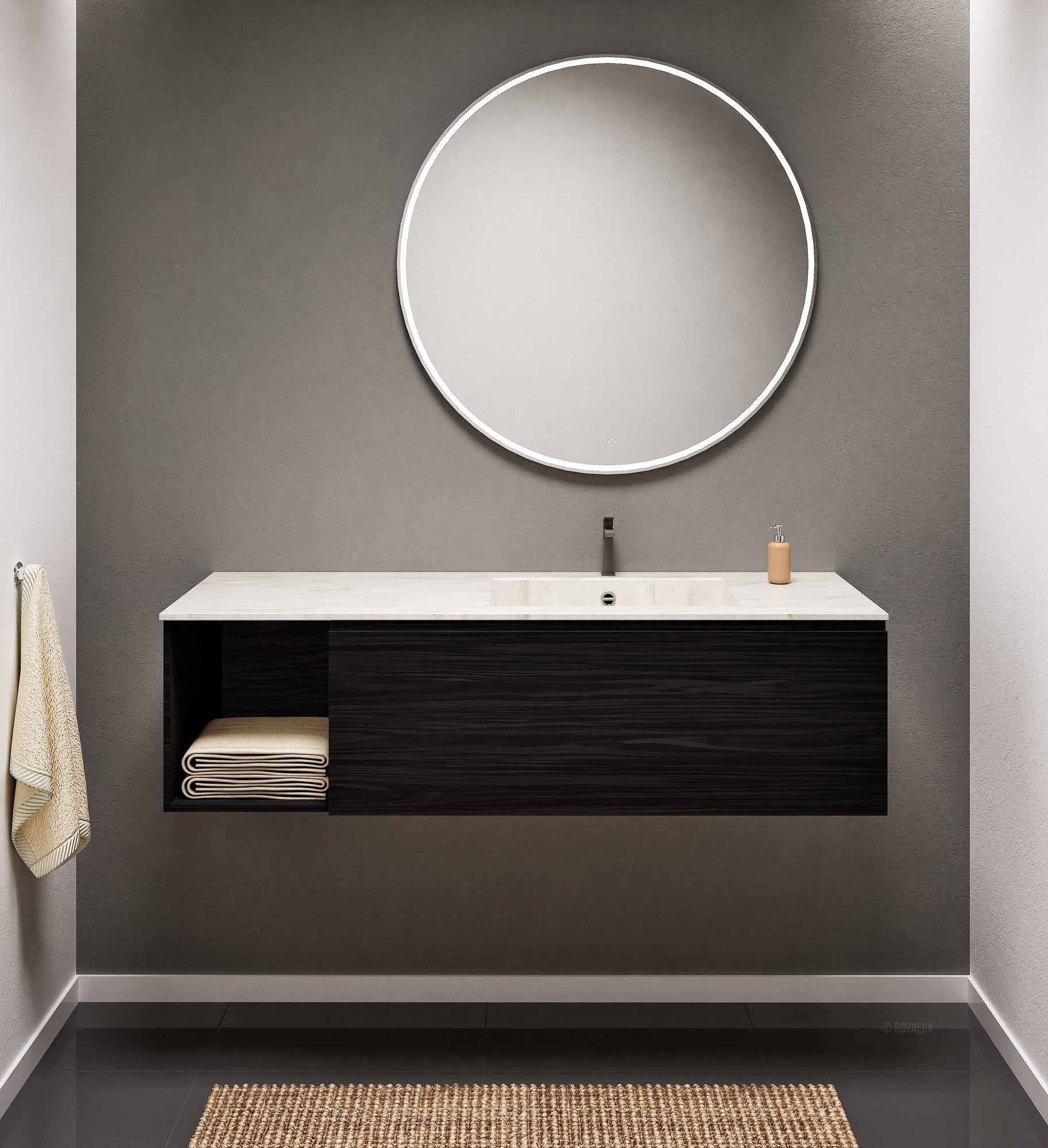 Aurora Single Set – Corian Basi & Countertop with 1 Drawer Vanity & Side Shelf - ROVALUX