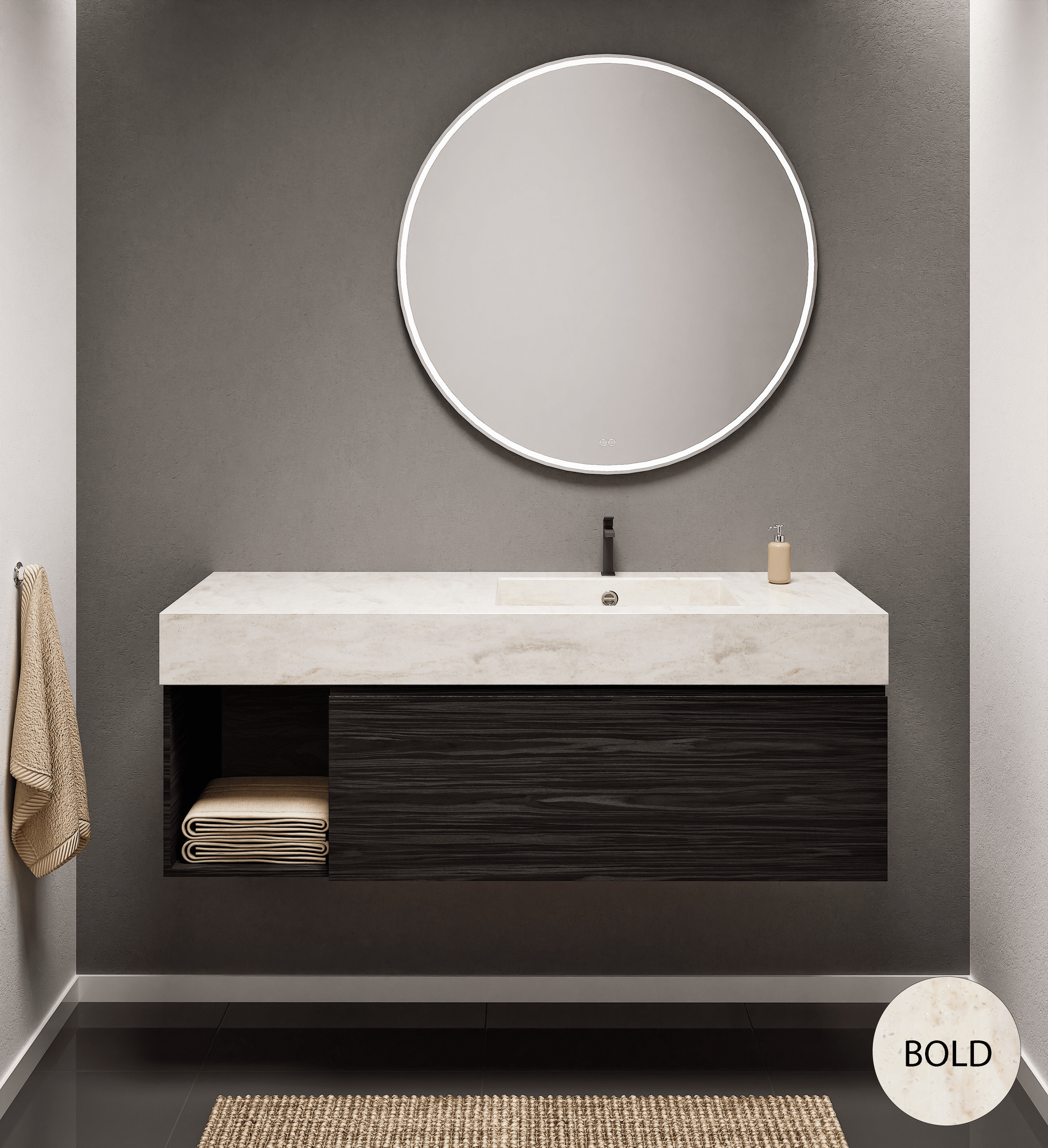 Aurora Single Set – Corian Basi & Countertop with 1 Drawer Vanity & Side Shelf - ROVALUX