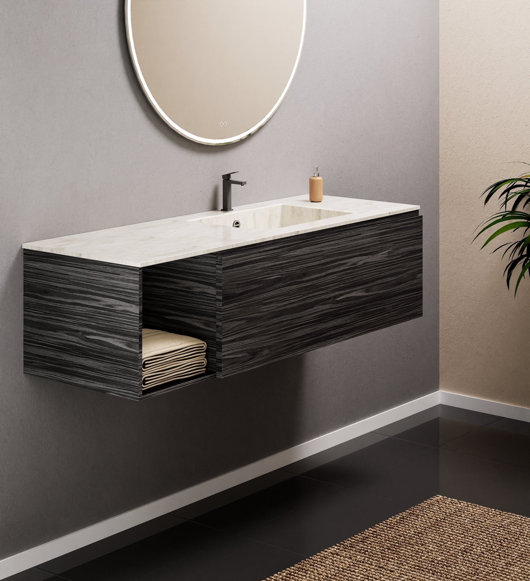 Aurora Single Set – Corian Basi & Countertop with 1 Drawer Vanity & Side Shelf - ROVALUX