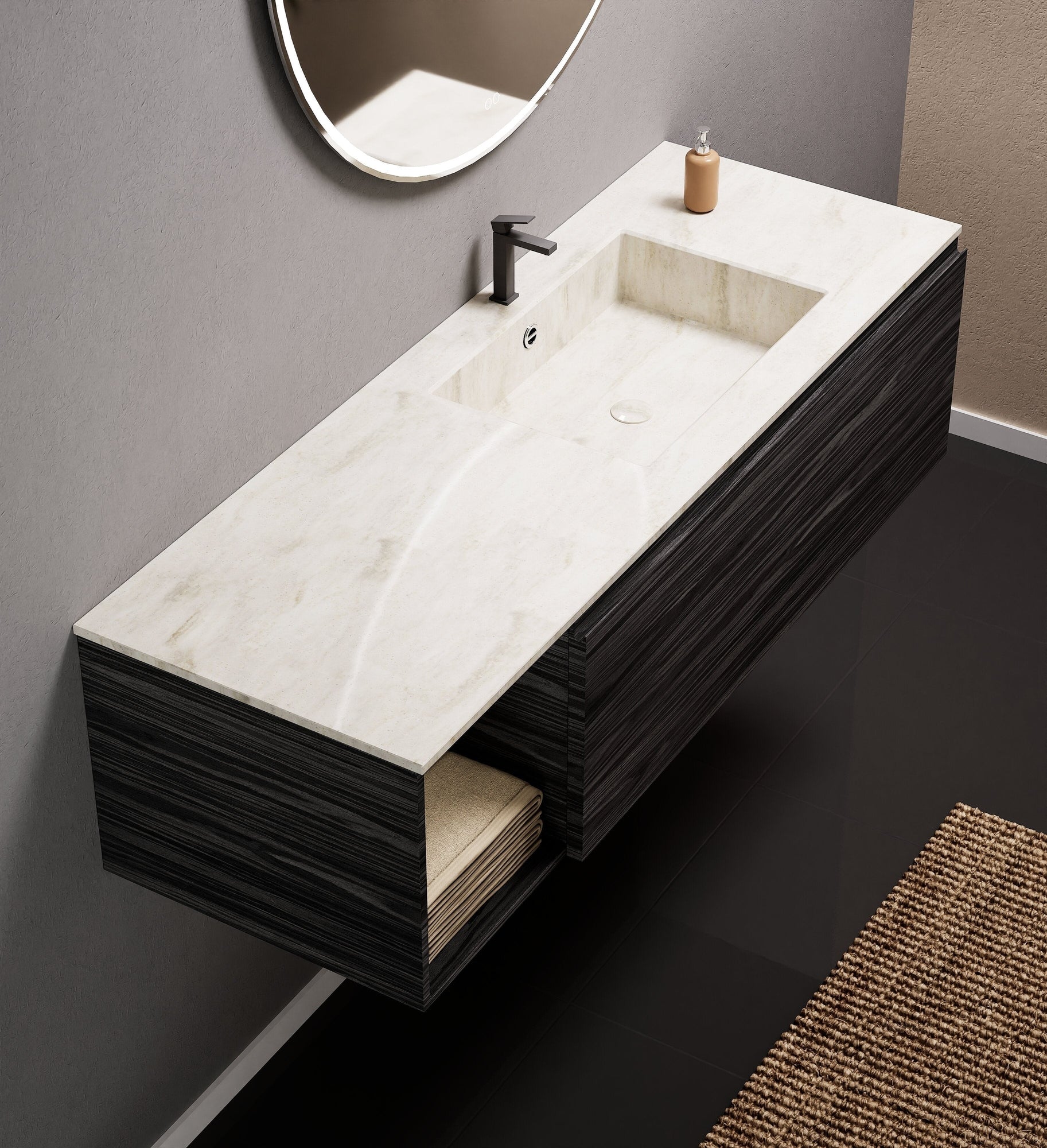 Aurora Single Set – Corian Basi & Countertop with 1 Drawer Vanity & Side Shelf - ROVALUX