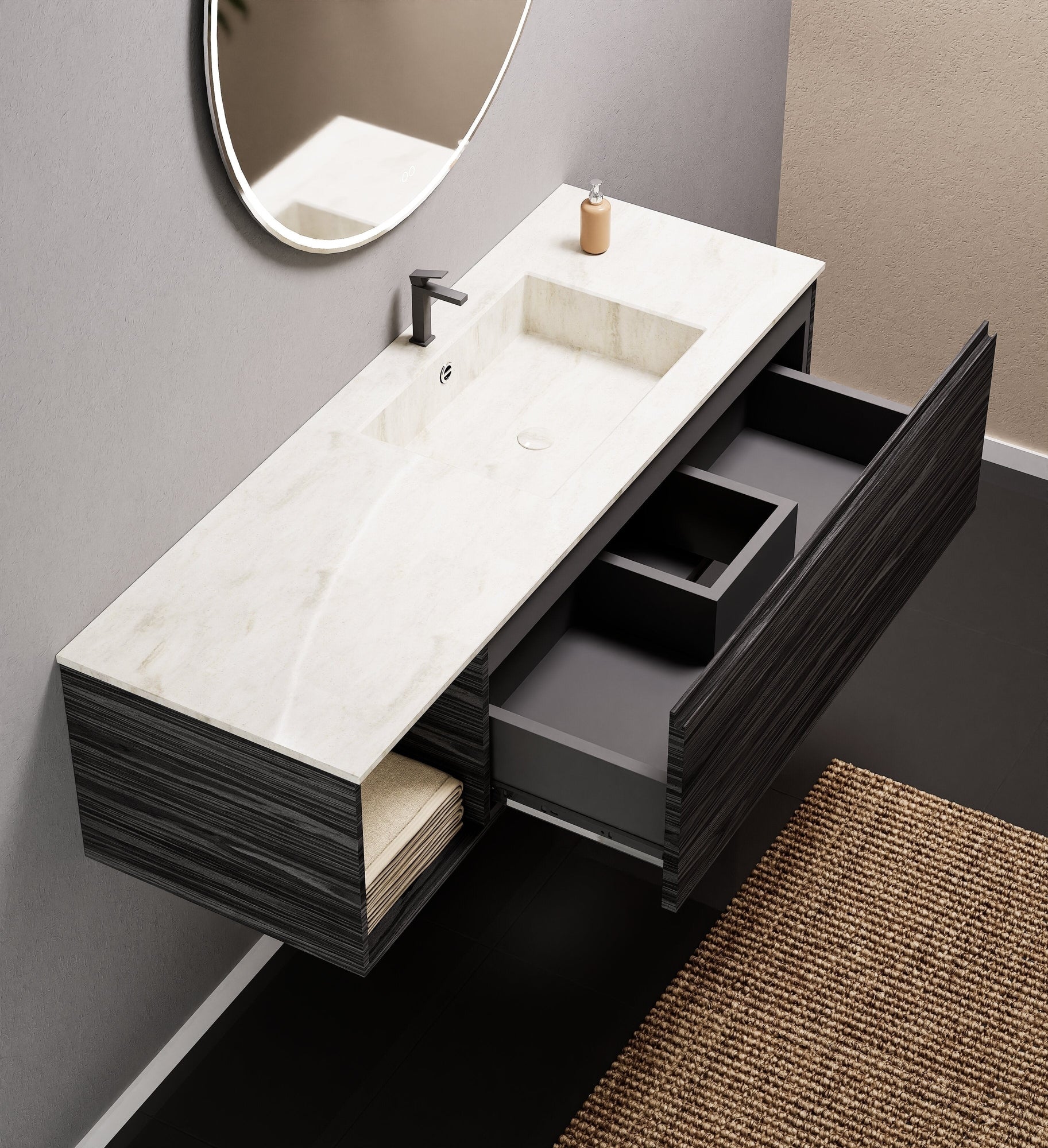 Aurora Single Set – Corian Basi & Countertop with 1 Drawer Vanity & Side Shelf - ROVALUX