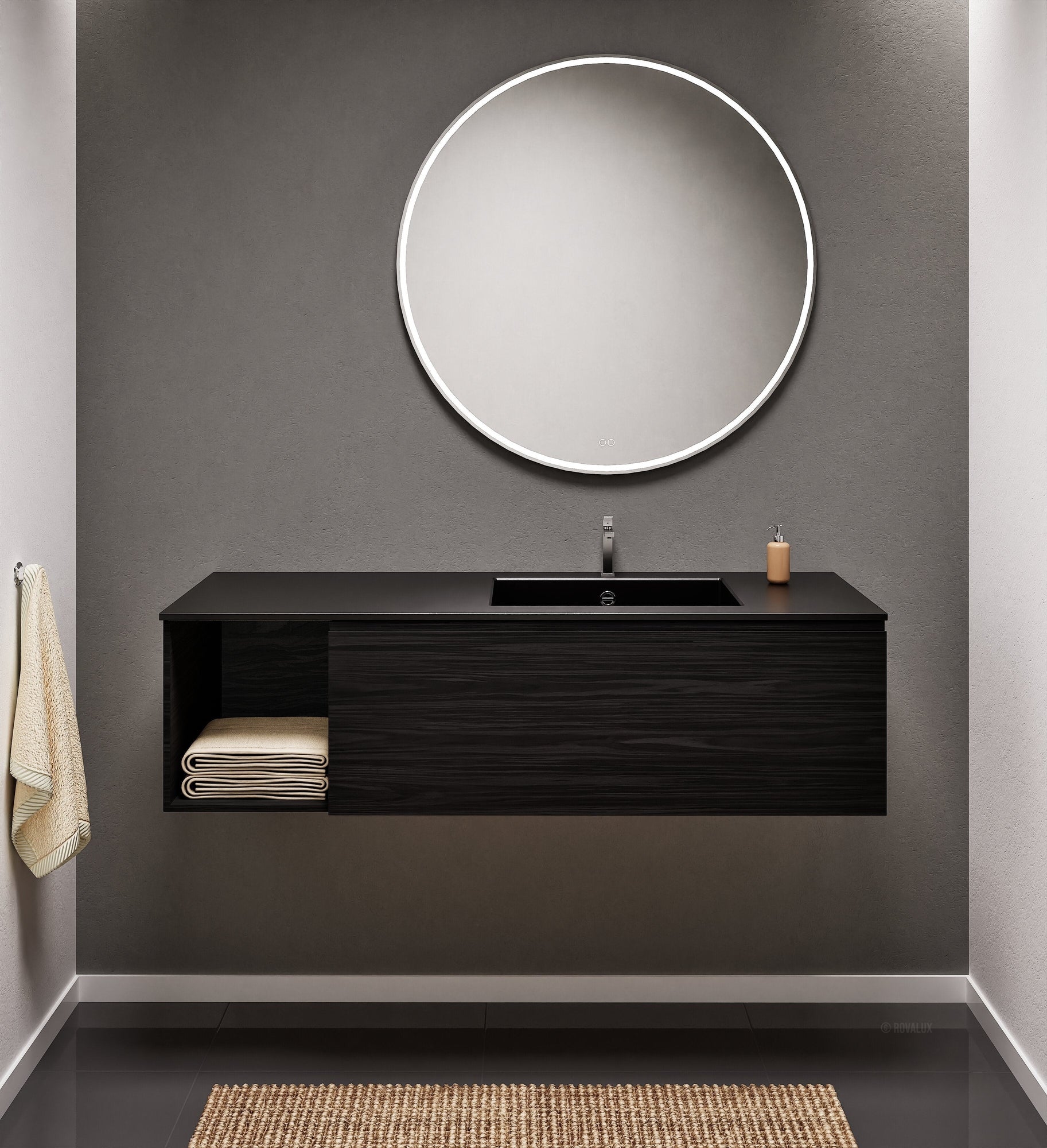 Aurora Single Set – Corian Basi & Countertop with 1 Drawer Vanity & Side Shelf - ROVALUX